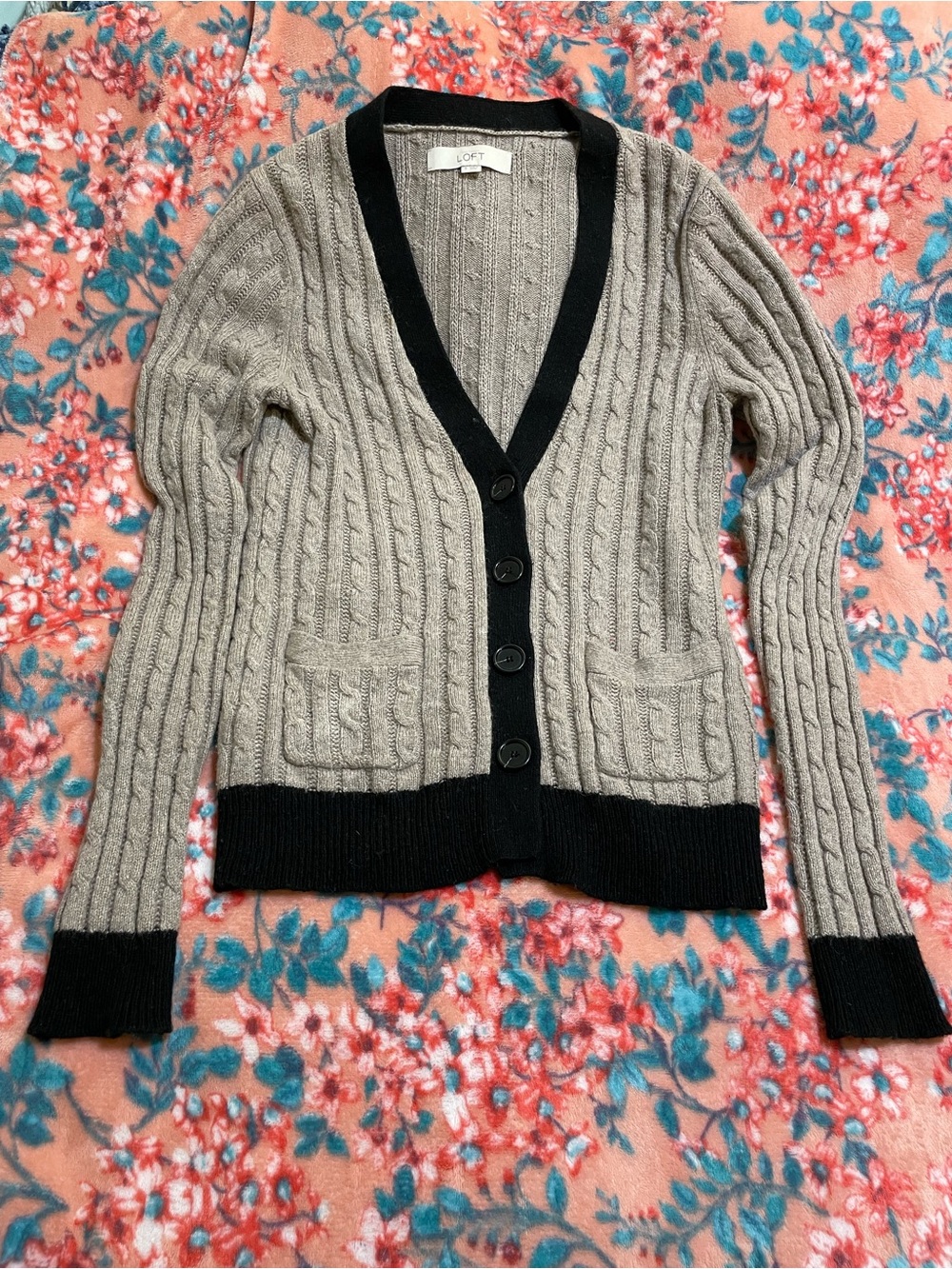 LOFT Taupe Cable Knit Cardigan with Black Trim